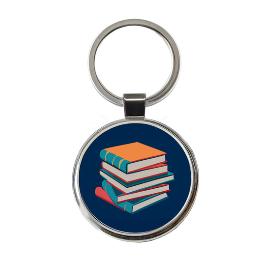 Stack of Books Reading Round Metal Keychain