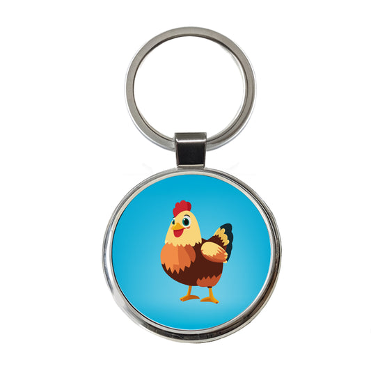 Standing Rooster Happy Round Metal Keychain