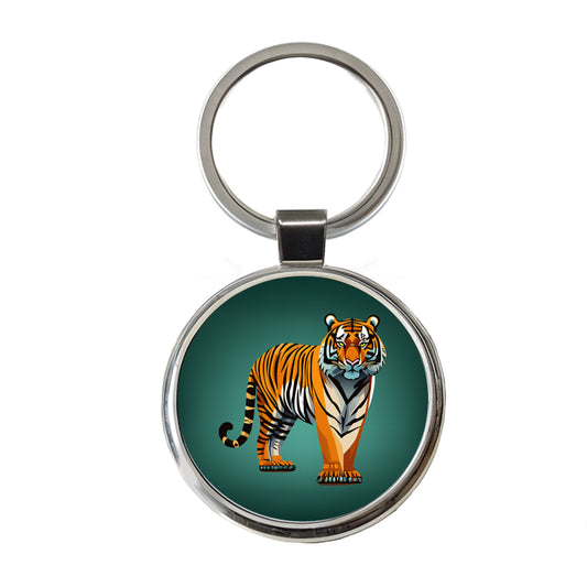 Standing Tiger Round Metal Keychain