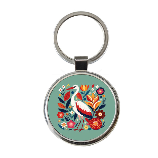 Stork Bird Floral Flowers Round Metal Keychain