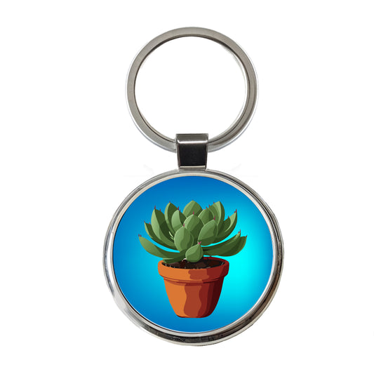 Succulent Plant in Pot Round Metal Keychain