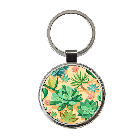 Succulents Scattered Pattern Round Metal Keychain