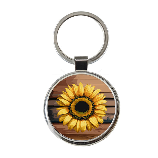 Sunflower Flower Vintage Barnwood Round Metal Keychain