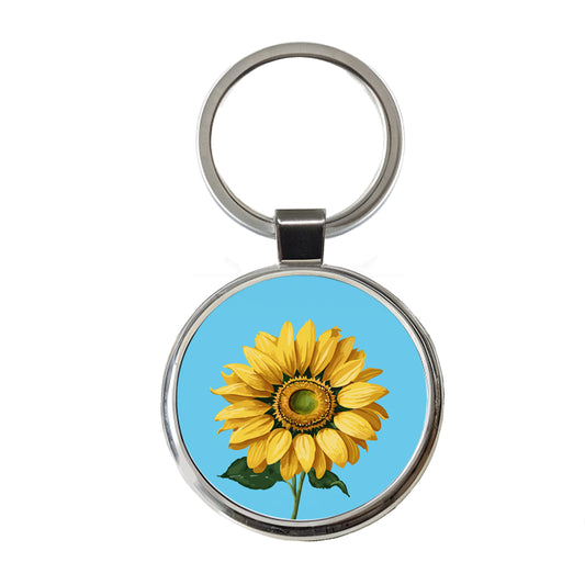 Sunflower Summer Flower with Stem Round Metal Keychain