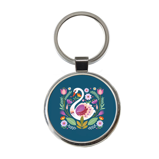 Swan Bird Floral Flowers Round Metal Keychain