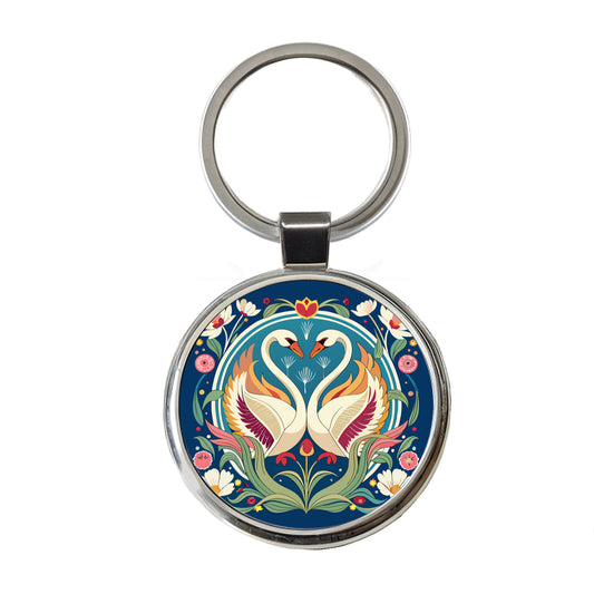 Swans Floral Art Nouveau Flowers Elegant Round Metal Keychain