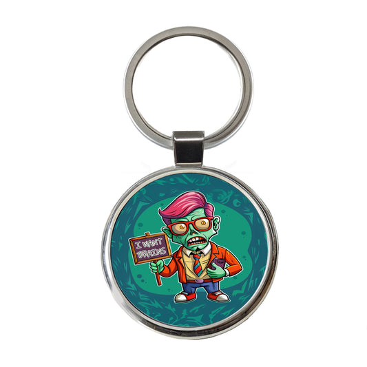 Teacher Zombie Man I Want Your Brains Round Metal Keychain