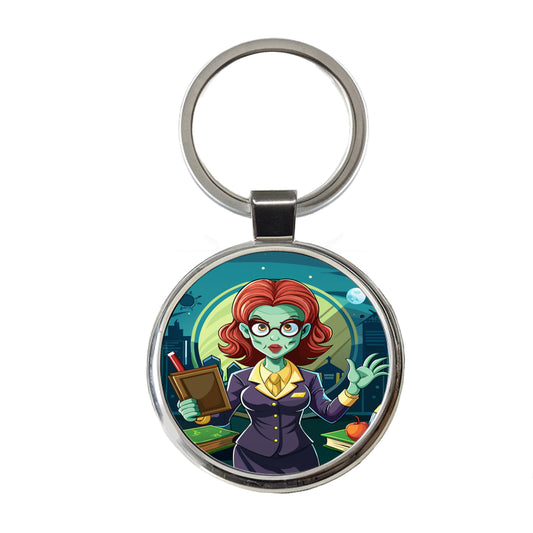 Teacher Zombie Woman Female Funny Round Metal Keychain