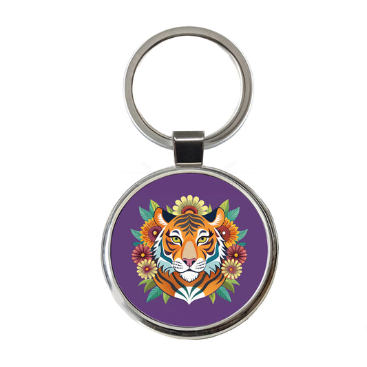 Tiger Head Floral Flowers Round Metal Keychain