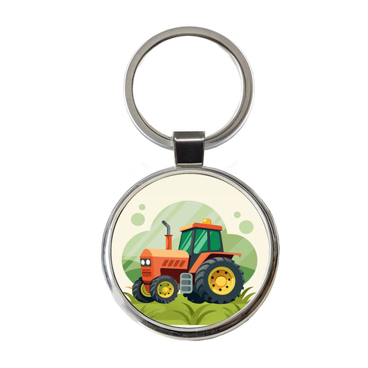 Tractor Cartoon Round Metal Keychain