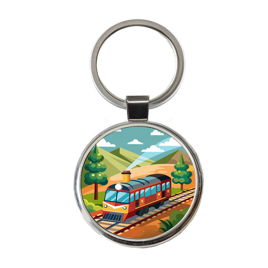 Train on Track Round Metal Keychain