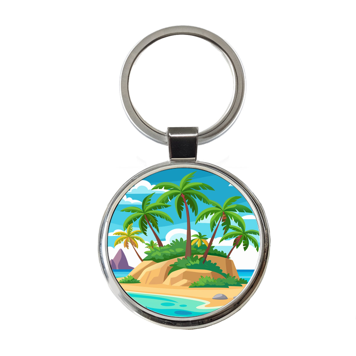 Tropical Island Beach Palm Trees Vacation Travel Round Metal Keychain