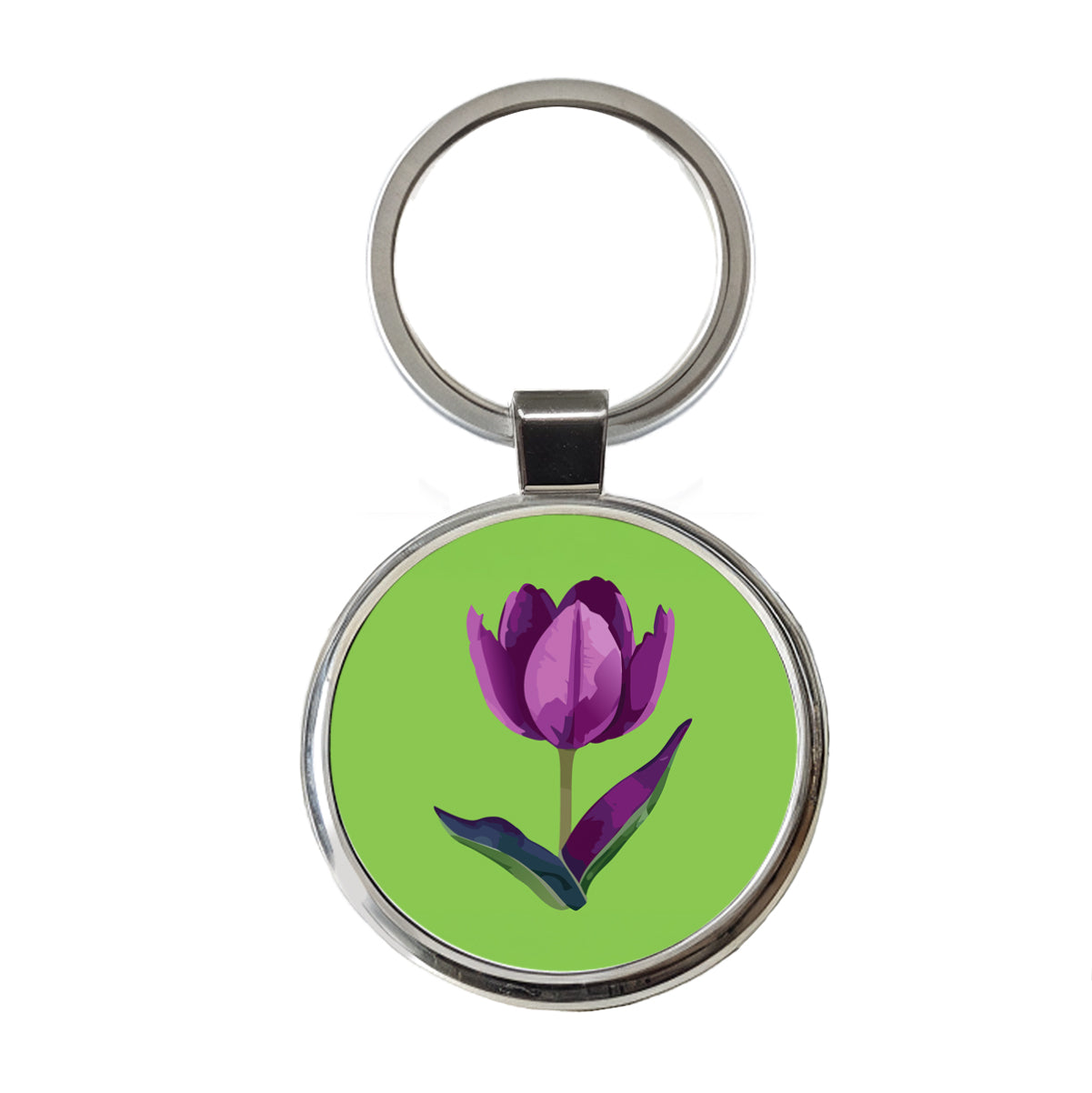 Tulip Flower Purple Watercolor Round Metal Keychain