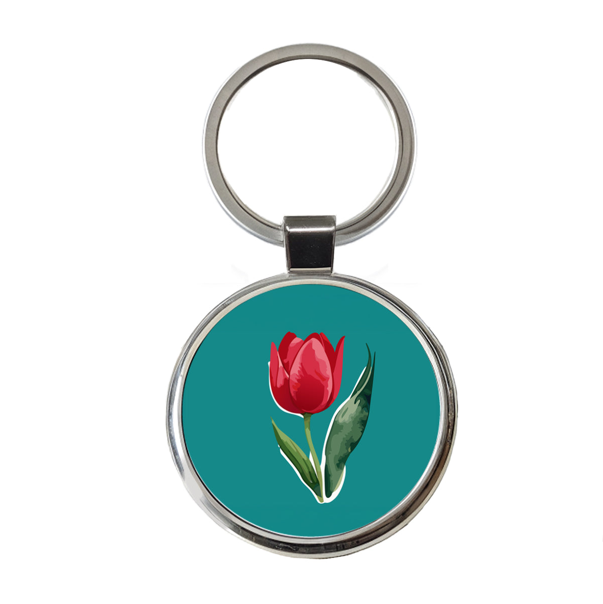 Tulip Flower Red Watercolor Round Metal Keychain