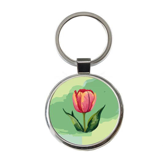 Tulip Flower Watercolor Round Metal Keychain