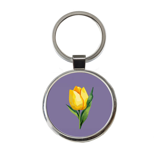 Tulip Flower Yellow Watercolor Round Metal Keychain