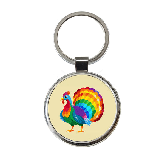 Turkey Rainbow Colored Thanksgiving Round Metal Keychain