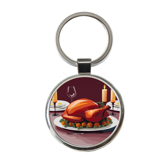 Turkey Thanksgiving Round Metal Keychain