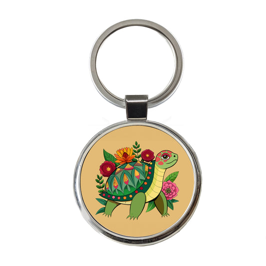 Turtle Floral Flowers Round Metal Keychain