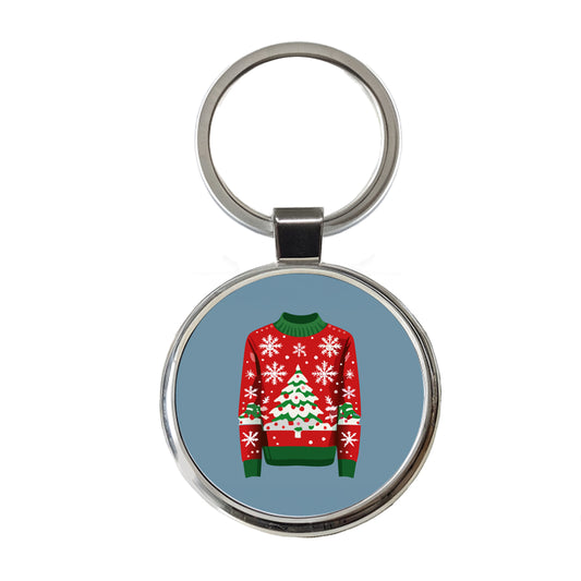 Ugly Christmas Sweater Tree Round Metal Keychain