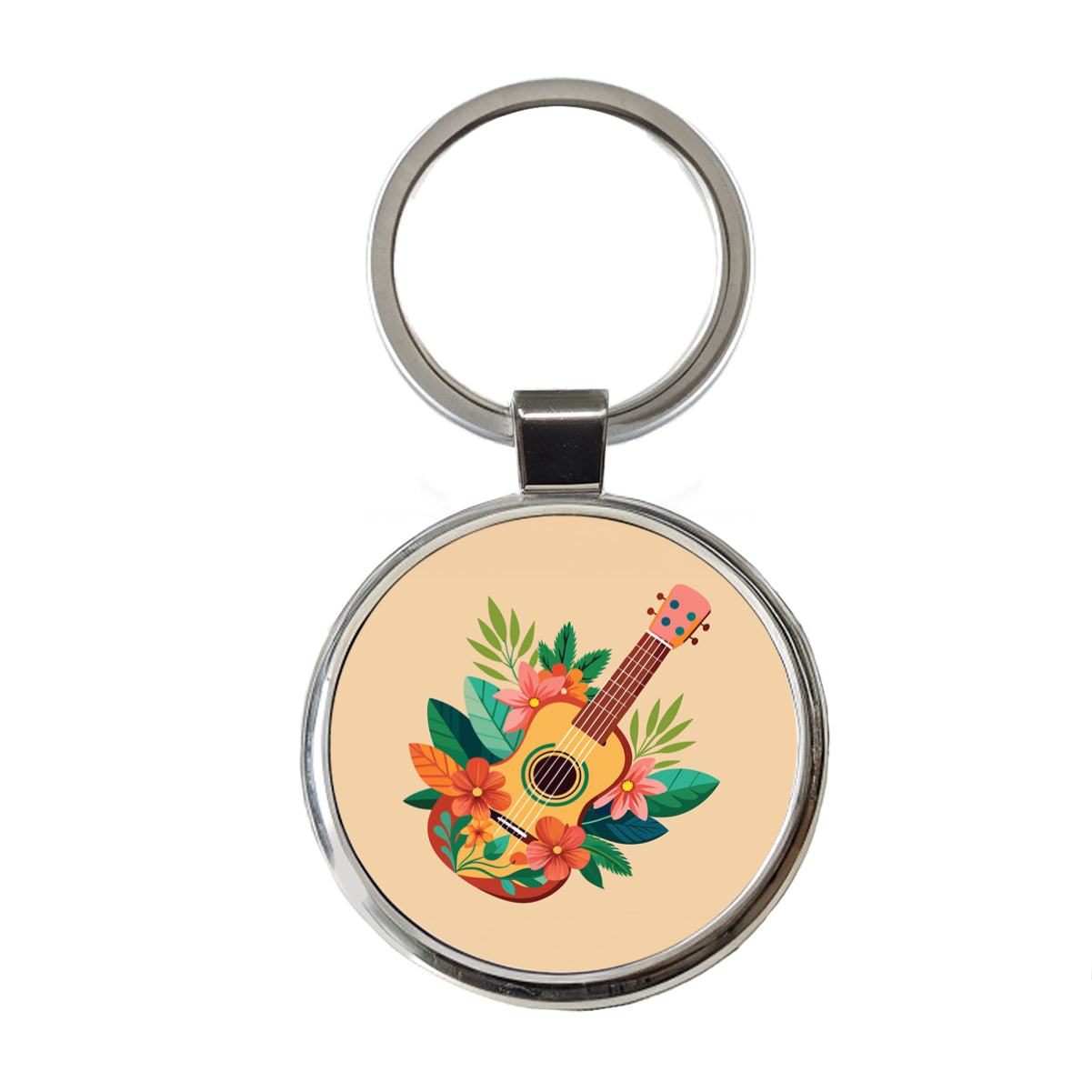 Ukulele Music Tropical Floral Motif Round Metal Keychain