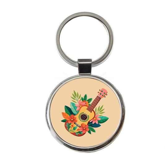 Ukulele Music Tropical Floral Motif Round Metal Keychain