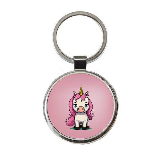Unicorn Chibi Pink Hair Round Metal Keychain