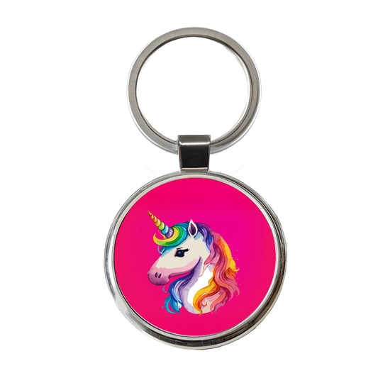 Unicorn Rainbow Hair Horn Round Metal Keychain