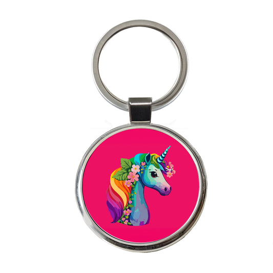 Unicorn Rainbow Head Flowers Round Metal Keychain