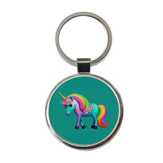 Unicorn Rainbow Standing Flowers Round Metal Keychain