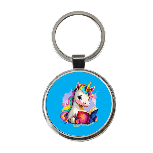 Unicorn Reading Book Reader Round Metal Keychain