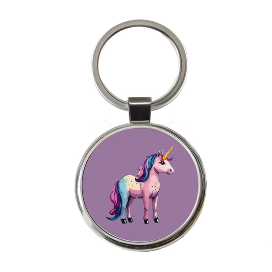 Unicorn Standing Colorful Round Metal Keychain