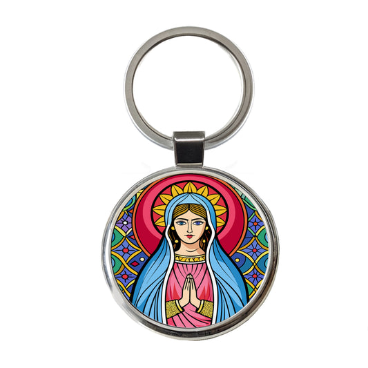 Virgin Mary Stained Glass Christian Religious Catholic Round Metal Keychain