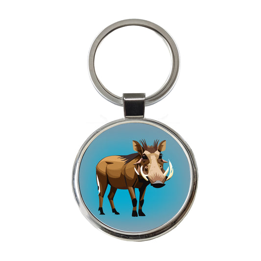 Warthog Pig Standing Round Metal Keychain