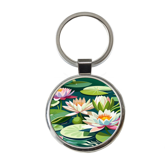 Water Lilies Lily Pond Round Metal Keychain