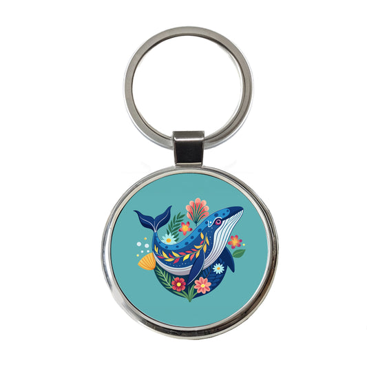 Whale Floral Flowers Round Metal Keychain
