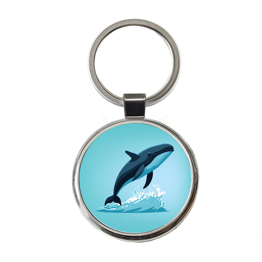 Whale Jumping Out of Water Round Metal Keychain