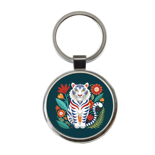 White Tiger Floral Flowers Round Metal Keychain