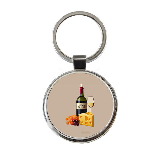 Wine Cheese Grapes Round Metal Keychain