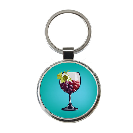 Wine Glass with Grapes Round Metal Keychain