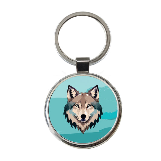 Wolf Face Watercolor Round Metal Keychain