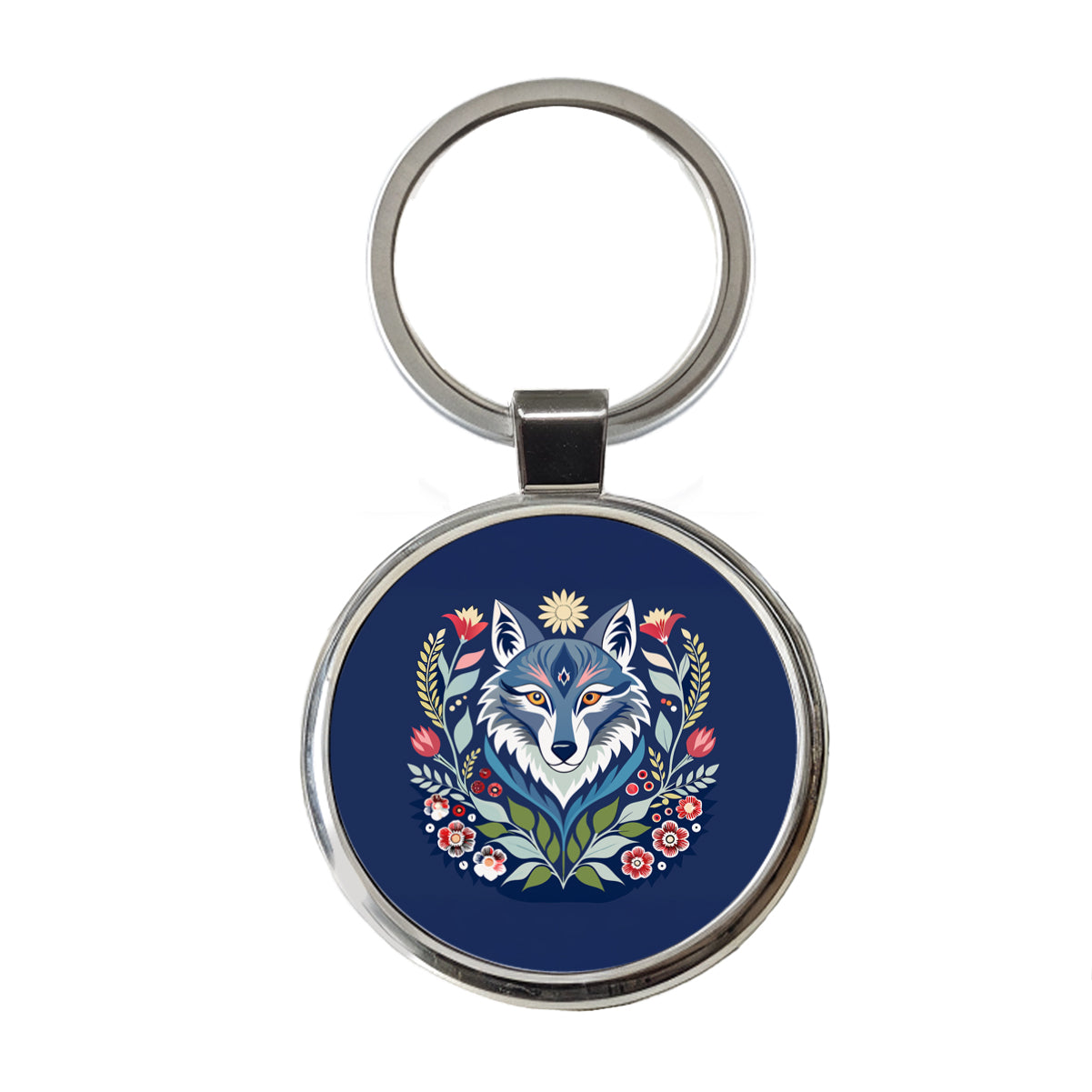 Wolf Floral Flowers Round Metal Keychain