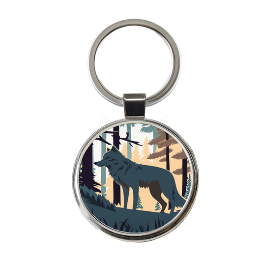 Wolf Gray in Forest Round Metal Keychain