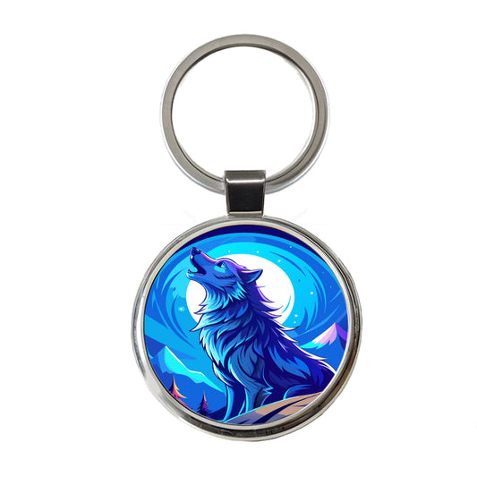 Wolf Howling at Blue Moon Round Metal Keychain