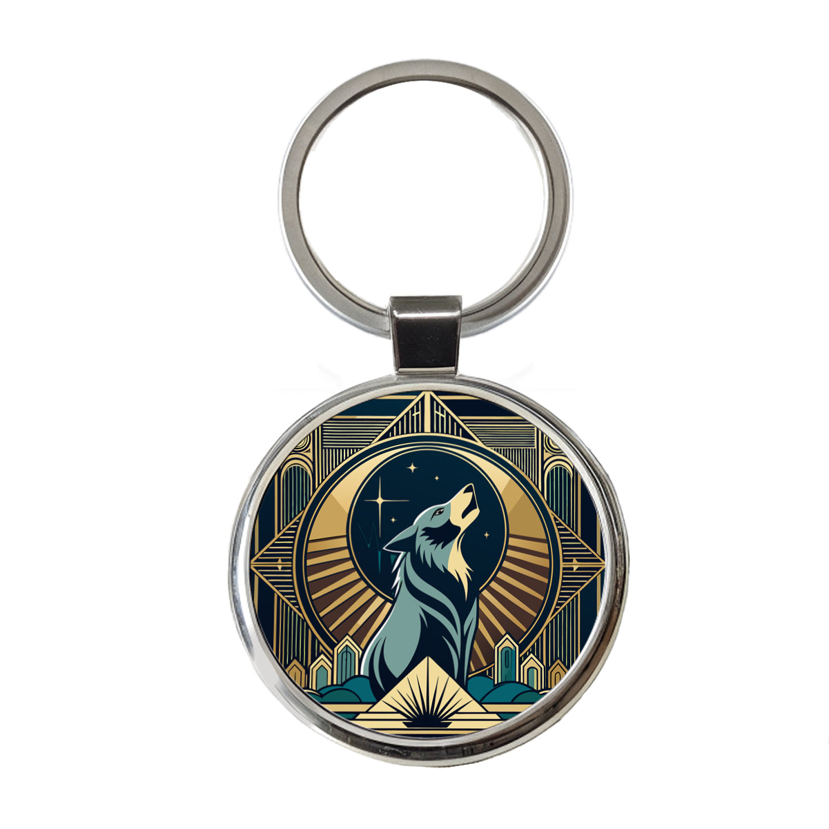 Wolf Howling at Moon Art Deco Round Metal Keychain