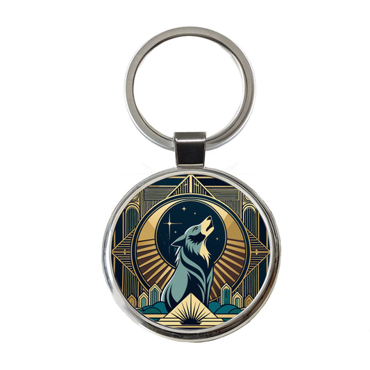 Wolf Howling at Moon Art Deco Round Metal Keychain
