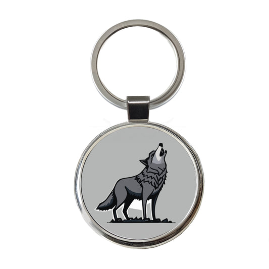 Wolf Howling Round Metal Keychain