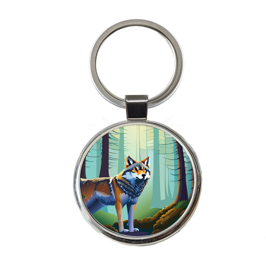 Wolf in Forest Woodland Wilderness Round Metal Keychain