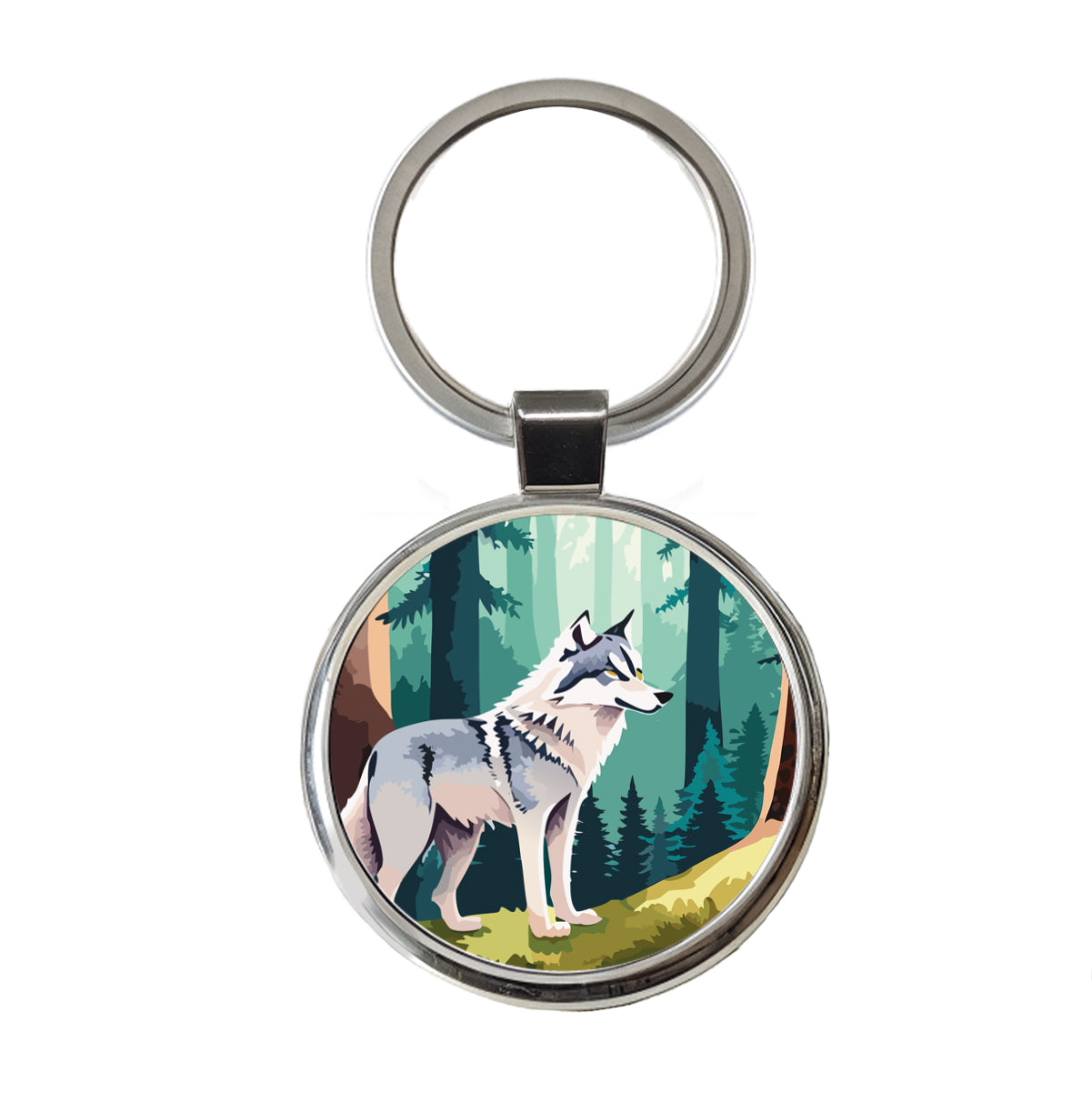 Wolf Standing Watercolor Round Metal Keychain