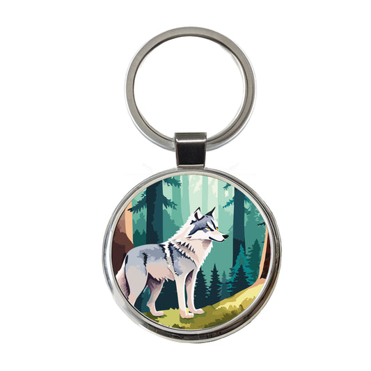 Wolf Standing Watercolor Round Metal Keychain